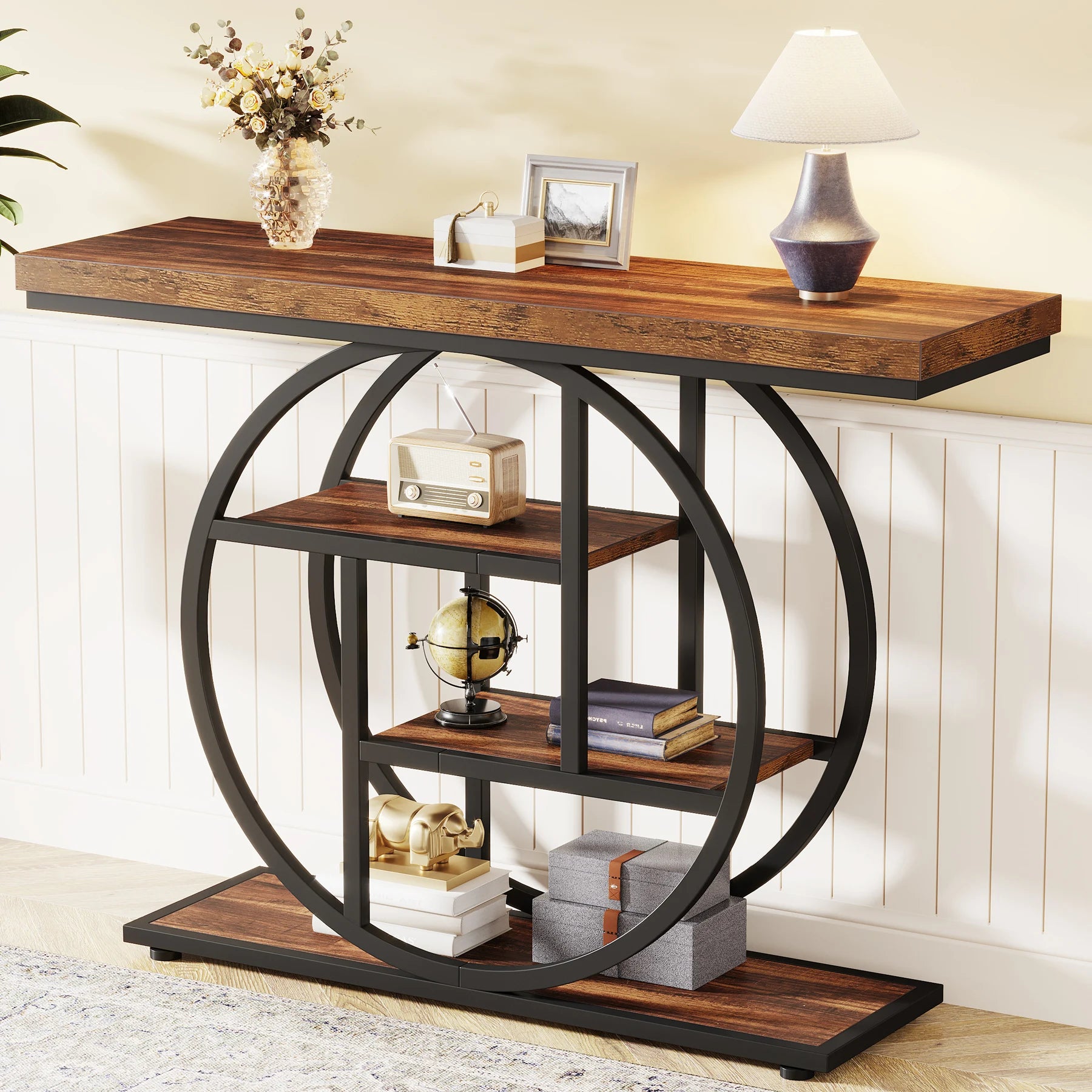 Modern 2-Ring Console Table ✨⭕ | 2-Tier Shelves + Wood Top (5 Colors)