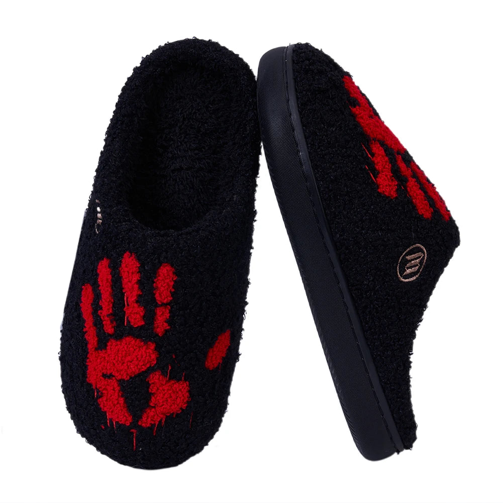 🖤🩸 Horror Handprint Slippers – Black Indoor Slides with Red Bloody Hand Design