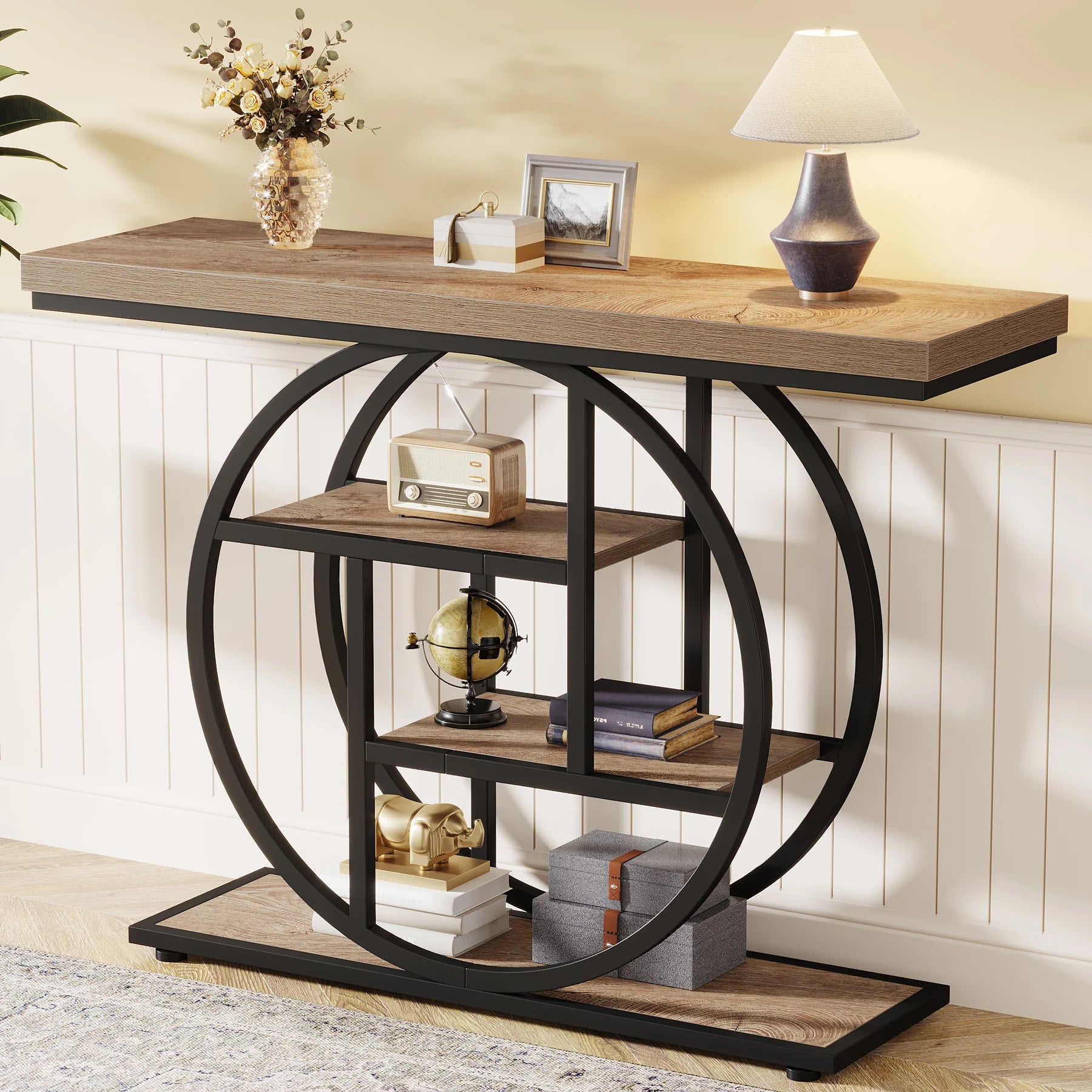 Modern 2-Ring Console Table ✨⭕ | 2-Tier Shelves + Wood Top (5 Colors)