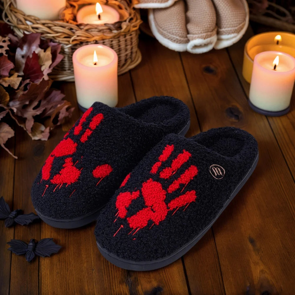 🖤🩸 Horror Handprint Slippers – Black Indoor Slides with Red Bloody Hand Design