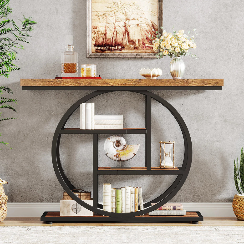 Modern 2-Ring Console Table ✨⭕ | 2-Tier Shelves + Wood Top (5 Colors)