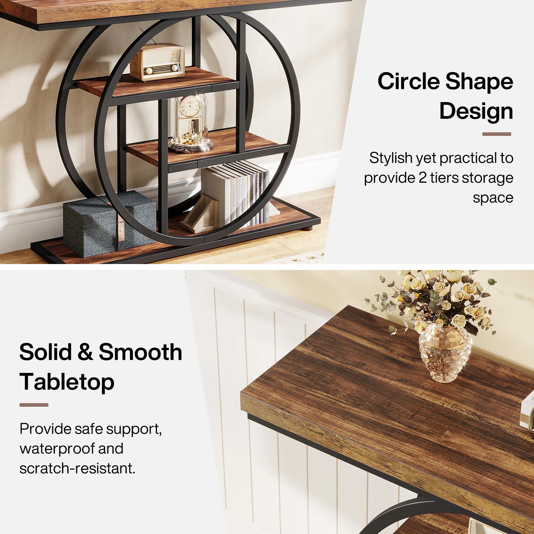 Modern 2-Ring Console Table ✨⭕ | 2-Tier Shelves + Wood Top (5 Colors)
