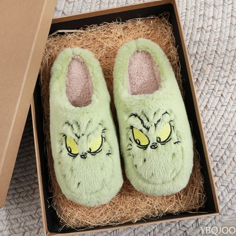 💚😈 Grinch Face Slippers – Funny Green Unisex Cozy House Slippers (Perfect Gift!)