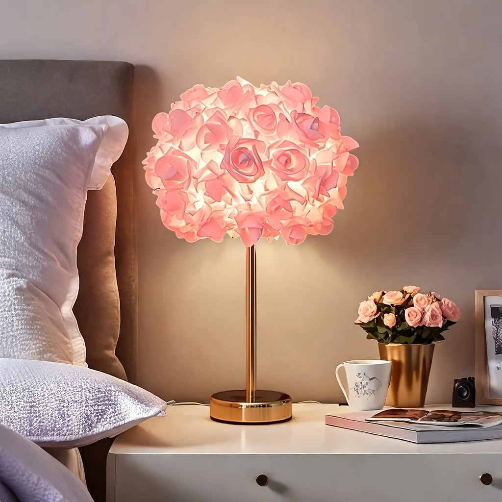 Rose Flower Table Lamp 🌹✨ | 52-Rose Shade + Polished Metal Base (Pink/White)