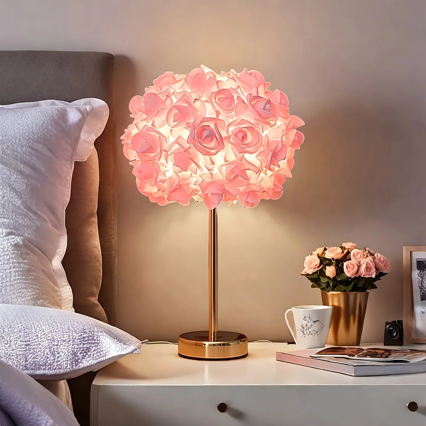 Rose Flower Table Lamp 🌹✨ | 52-Rose Shade + Polished Metal Base (Pink/White)