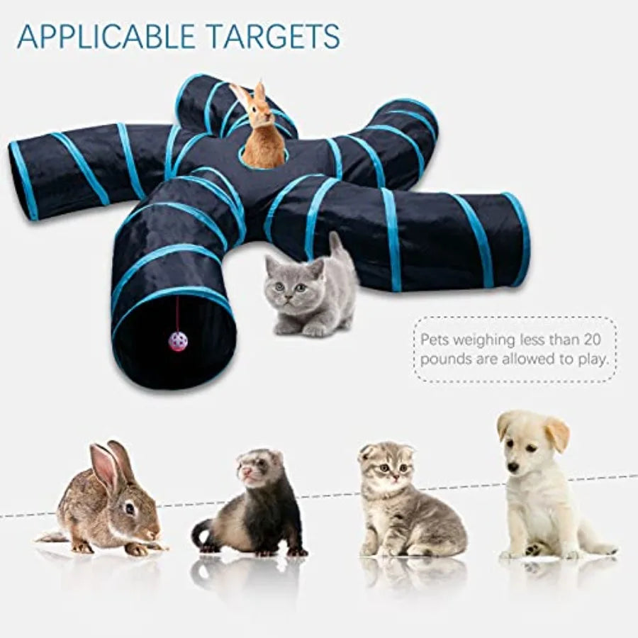 5-Way Interactive Pet Tunnel 🐾🌀 | Collapsible Cat Tunnel w/ Ball (Blue)