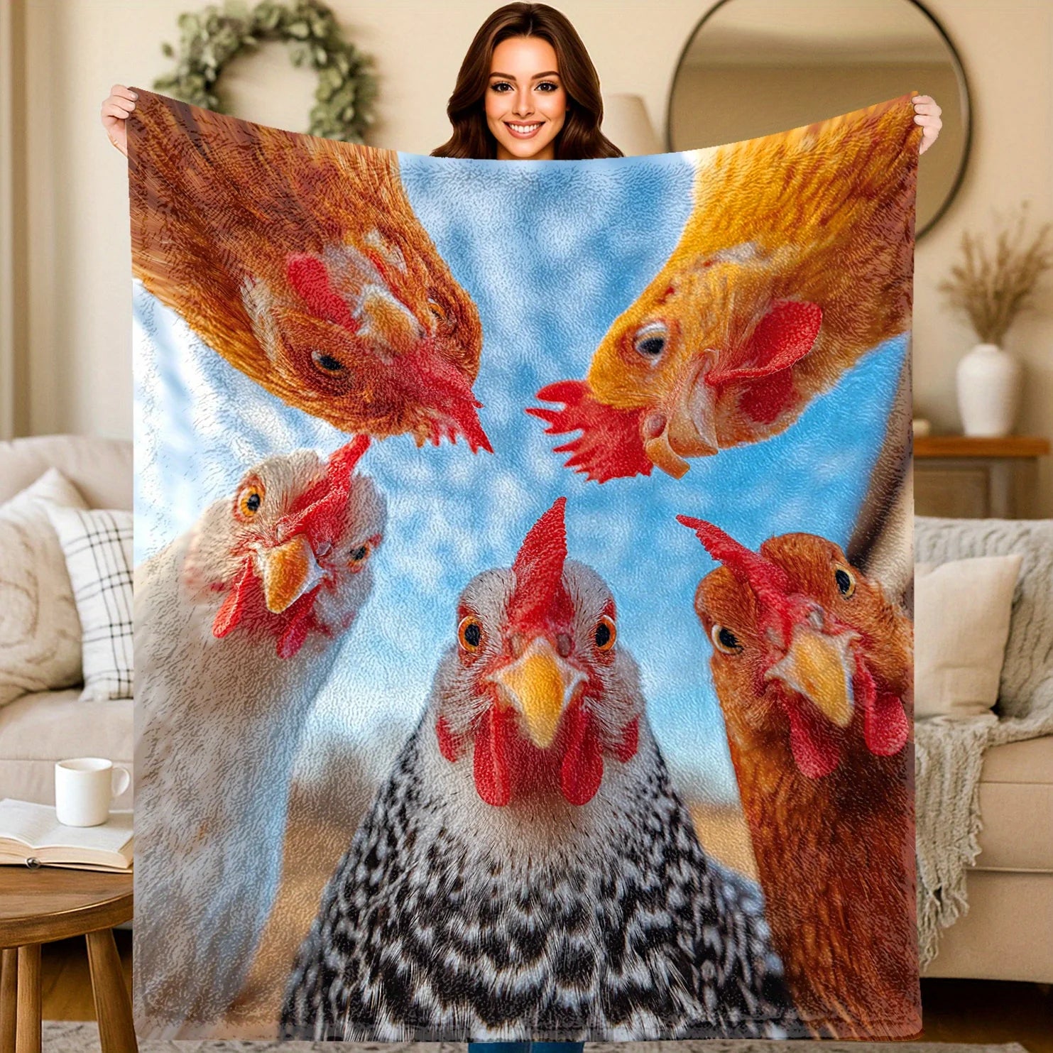 🐔😂 Funny Chicken Blanket – 5 Chickens Staring Down Print (4 Sizes)