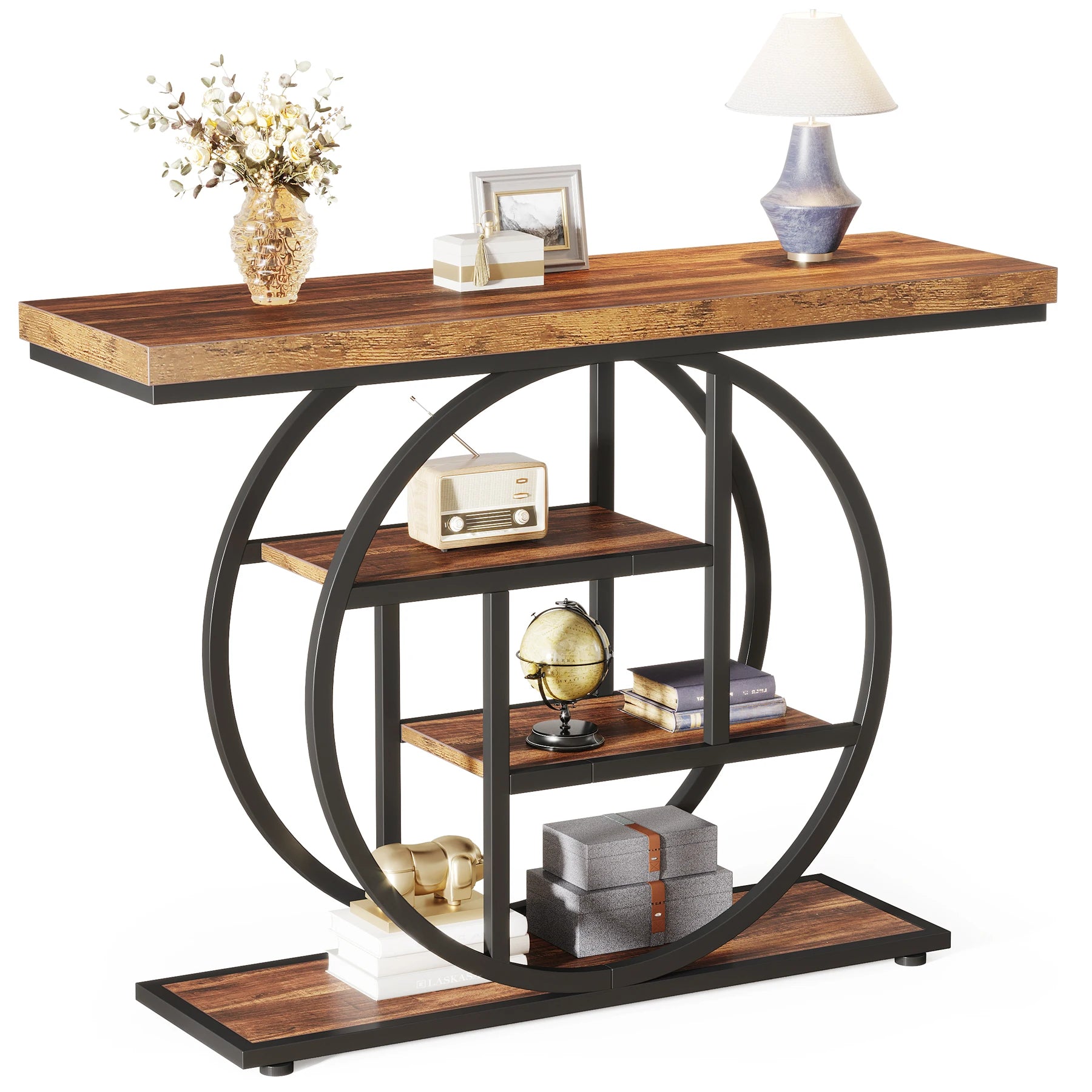 Modern 2-Ring Console Table ✨⭕ | 2-Tier Shelves + Wood Top (5 Colors)