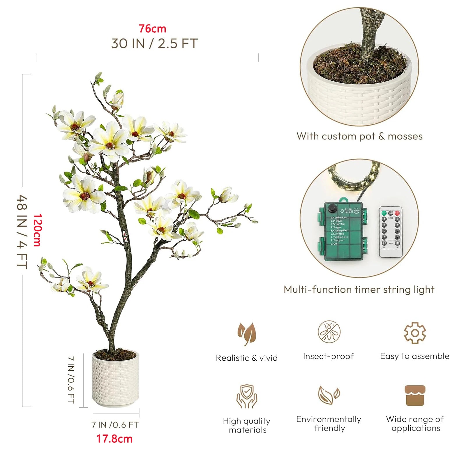 Artificial Magnolia Tree 🌸✨ | Faux Flowering Plant with LED Light (6 Variants)