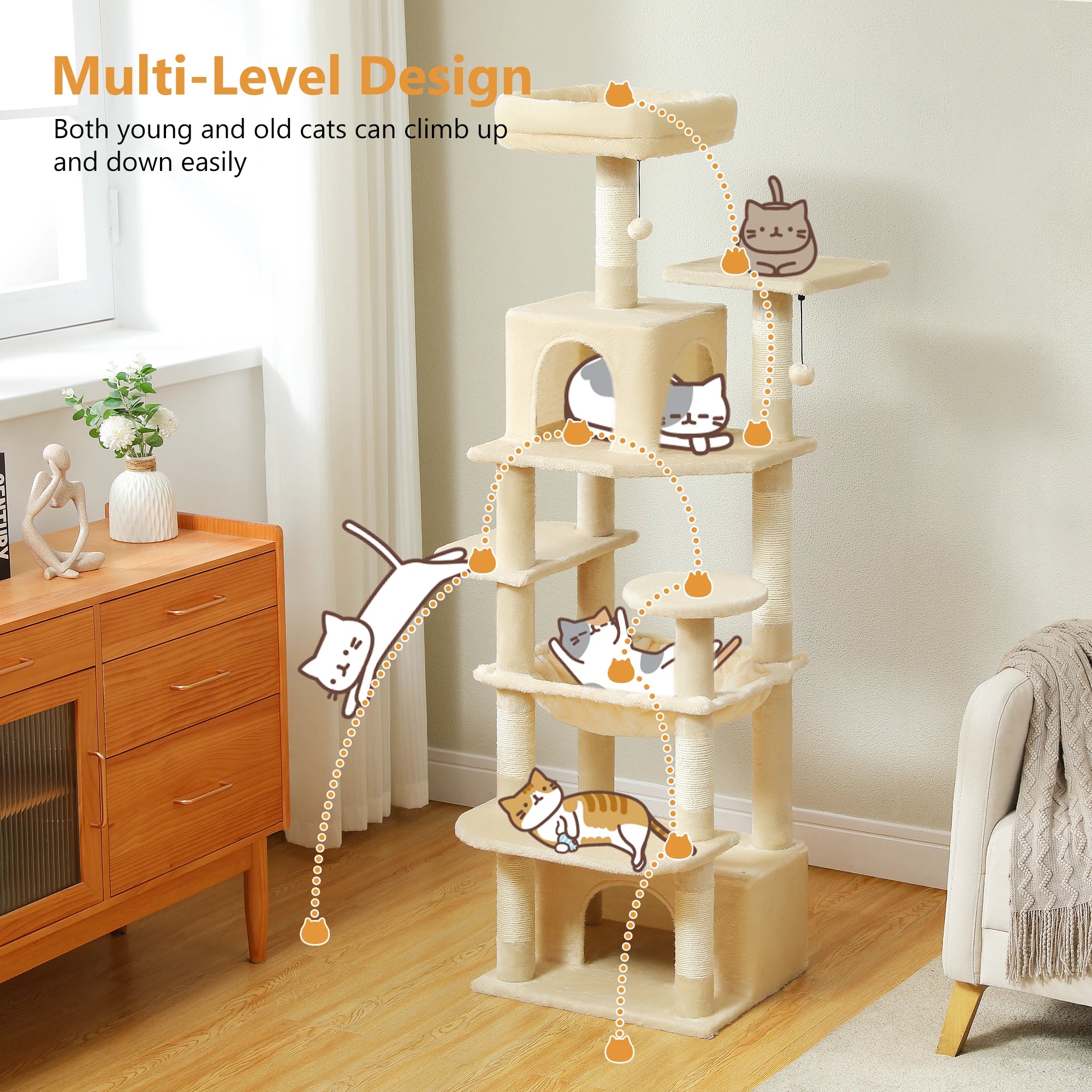 Large Cat Tree Tower 🐱🏡 | Scratching Posts + Hammock + Toys (136/164/184cm)