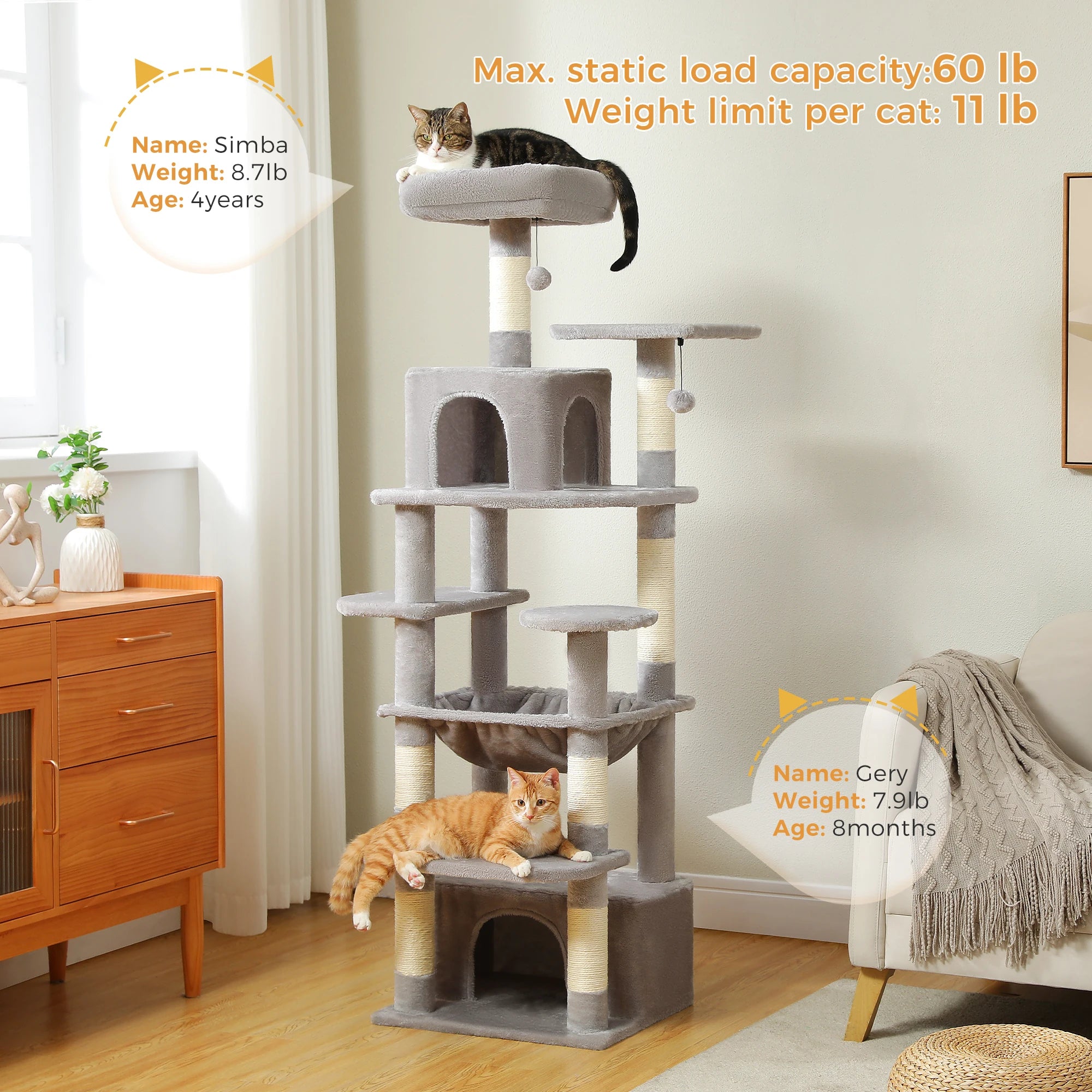 Large Cat Tree Tower 🐱🏡 | Scratching Posts + Hammock + Toys (136/164/184cm)